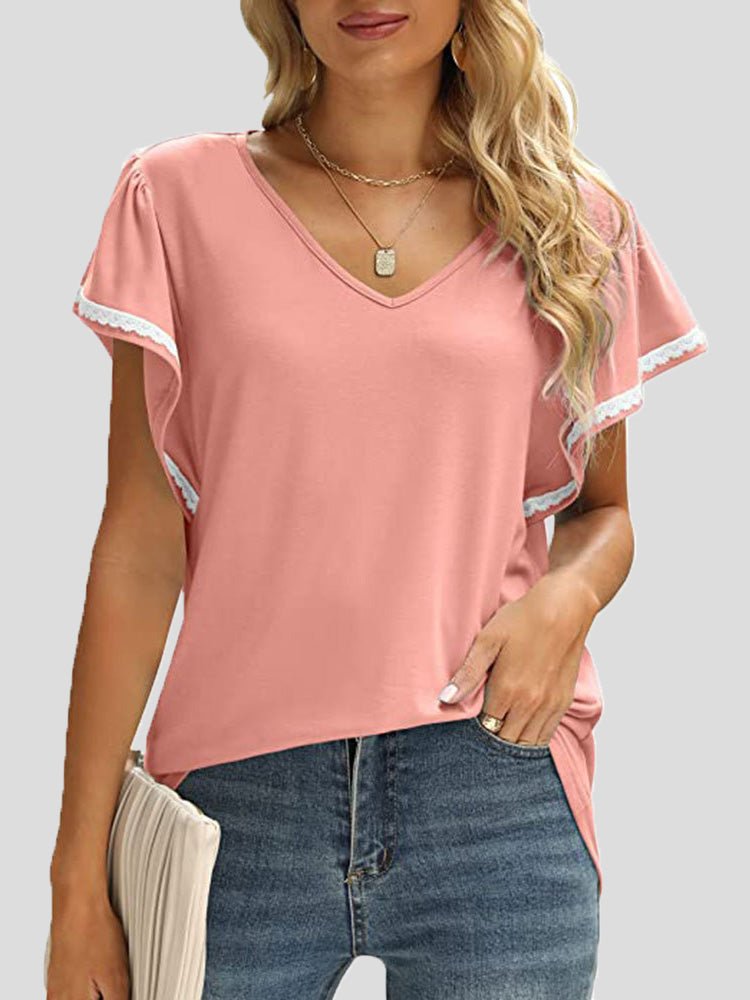 Women's T-Shirts Solid V-Neck Lace Ruffle Sleeve T-Shirt