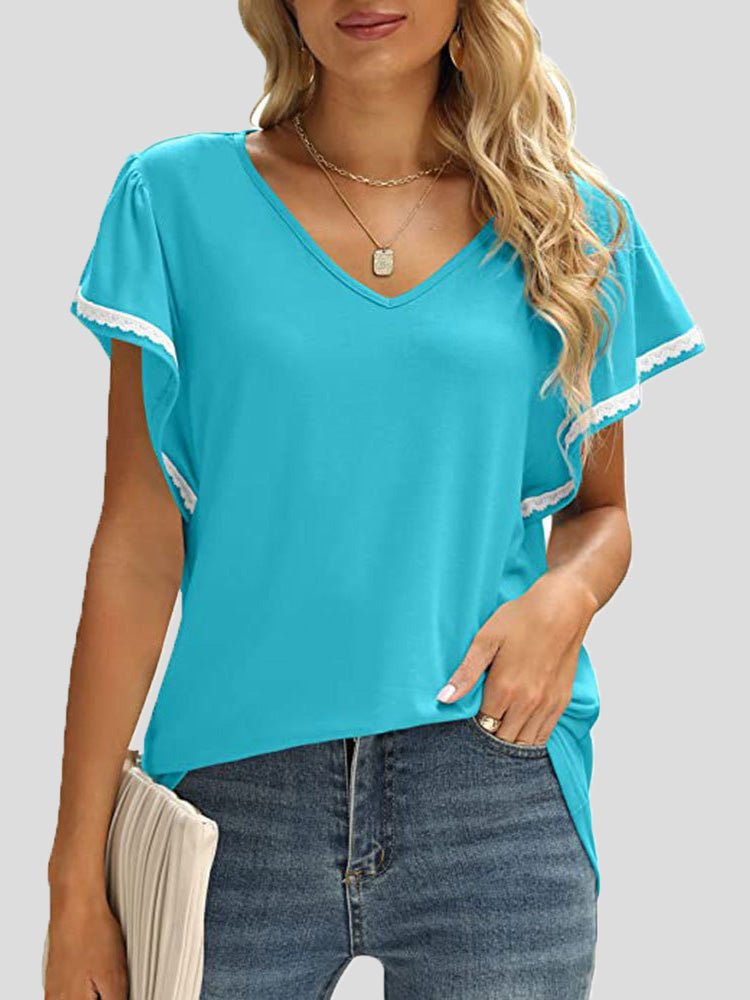 Women's T-Shirts Solid V-Neck Lace Ruffle Sleeve T-Shirt