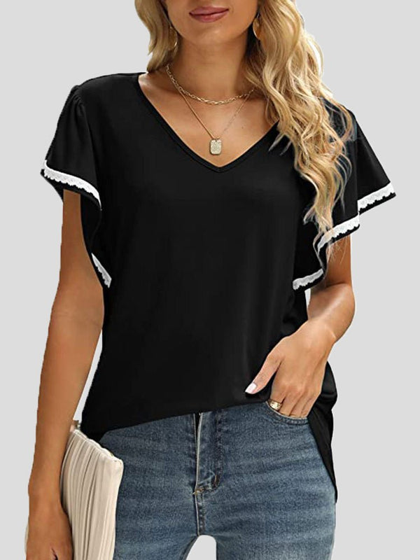 Women's T-Shirts Solid V-Neck Lace Ruffle Sleeve T-Shirt