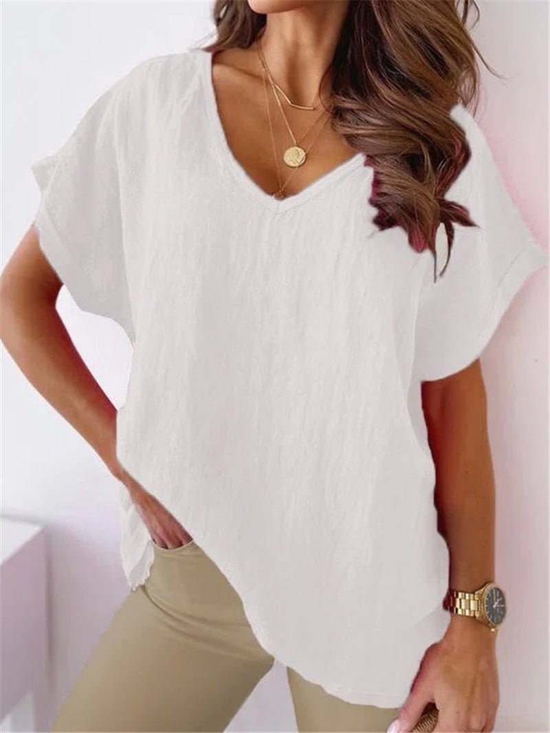 Women's T-Shirts Solid V-Neck Short Sleeve Casual T-Shirt