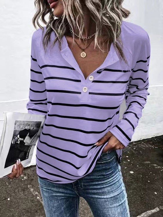 Women's T-Shirts Striped Button Long Sleeve T-Shirt