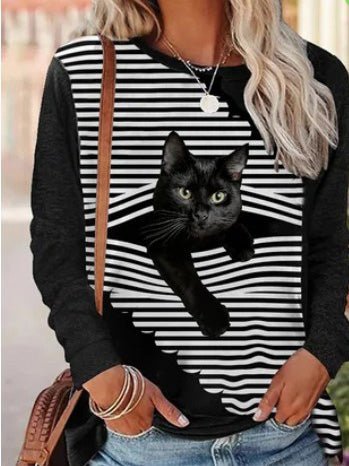 Women's T-Shirts Striped Cat Print Crew Neck Long Sleeve T-Shirt