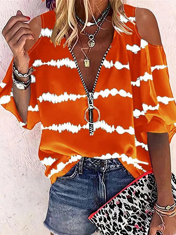 Women's T-Shirts Striped Print Zip Off-Shoulder Mid-Sleeve T-Shirt