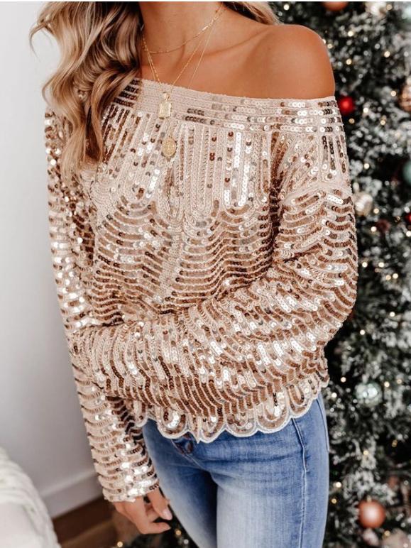 Temperament Round Neck Long Sleeve Pullover Sequin T-Shirt