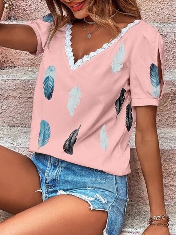 Women's T-Shirts V-Neck Lace Feather Print Short Sleeve T-Shirt