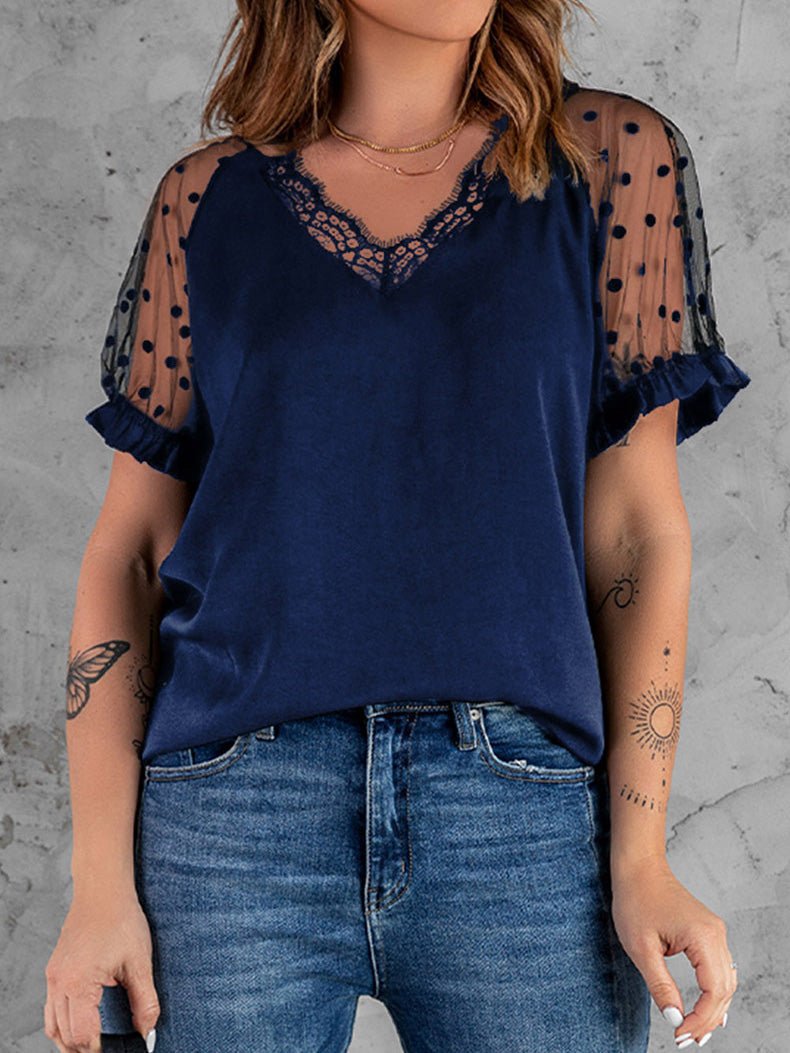 Women's T-Shirts V-Neck Lace Mesh Short Sleeve T-Shirt