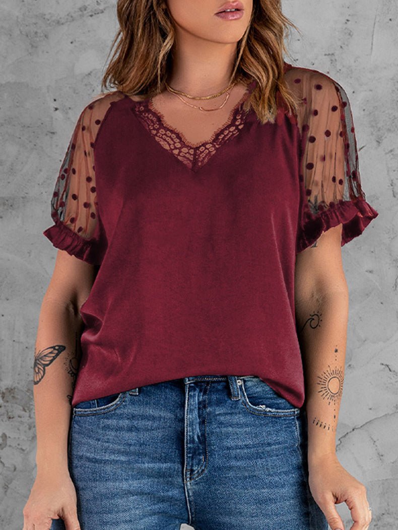 Women's T-Shirts V-Neck Lace Mesh Short Sleeve T-Shirt