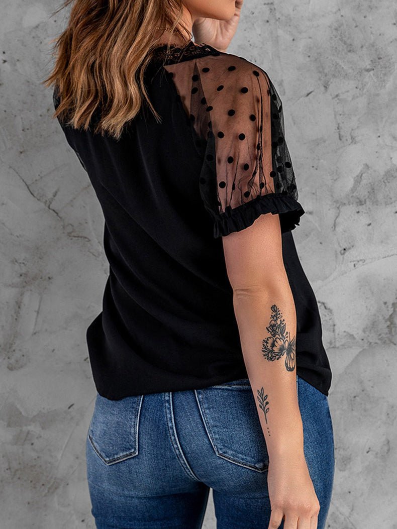 Women's T-Shirts V-Neck Lace Mesh Short Sleeve T-Shirt