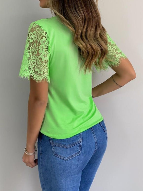 Women's T-Shirts V-Neck Lace Stitching Short Sleeve T-Shirt