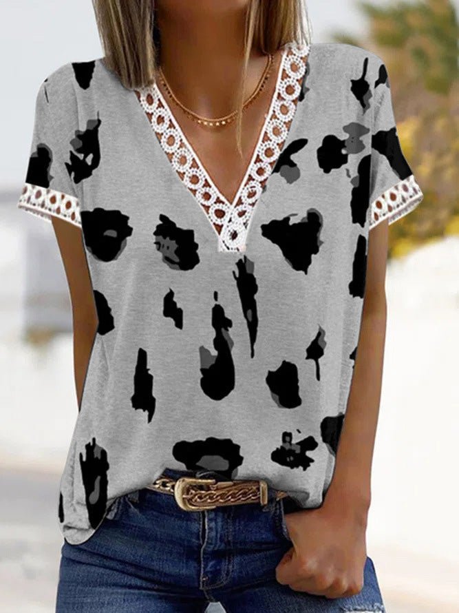 Women's T-Shirts V-Neck Leopard Print Lace Short Sleeve T-Shirt