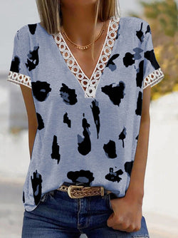 Women's T-Shirts V-Neck Leopard Print Lace Short Sleeve T-Shirt