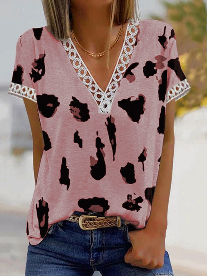 Women's T-Shirts V-Neck Leopard Print Lace Short Sleeve T-Shirt