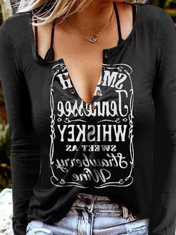 V-Neck Letter Print Long Sleeve T-Shirt