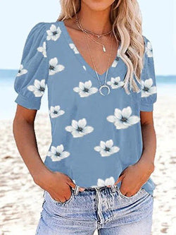 Women's T-Shirts V-Neck Print Puff Short Sleeve T-Shirt