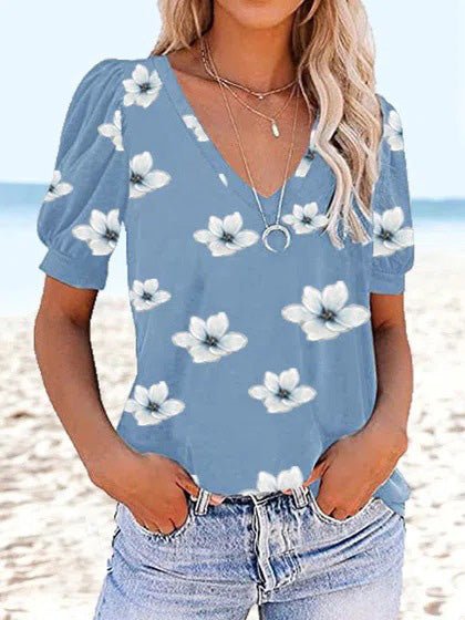 Women's T-Shirts V-Neck Print Puff Short Sleeve T-Shirt