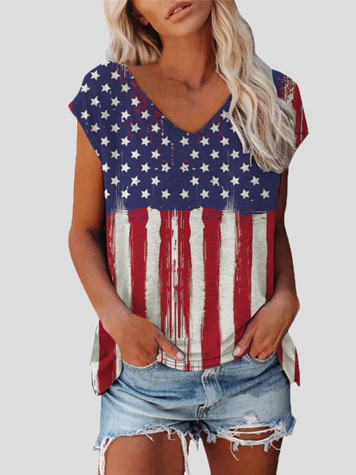 Women's T-Shirts V-Neck Star Stripe Print Short Sleeve T-Shirt