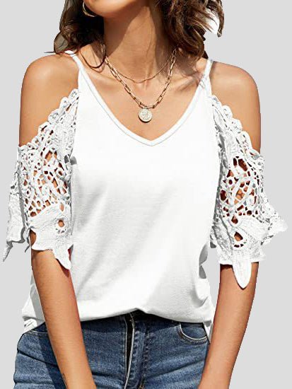 Women's T-Shirts V-Neck Suspenders Off Shoulder Lace Sleeve T-Shirt