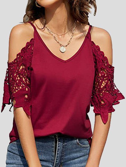 Women's T-Shirts V-Neck Suspenders Off Shoulder Lace Sleeve T-Shirt