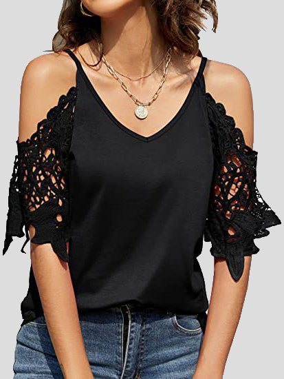 Women's T-Shirts V-Neck Suspenders Off Shoulder Lace Sleeve T-Shirt