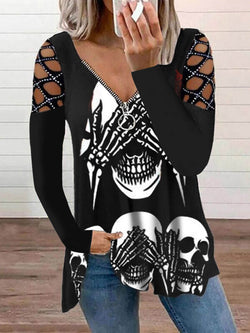 Women's T-Shirts V-Neck Zip Hollow Long Sleeve T-Shirt