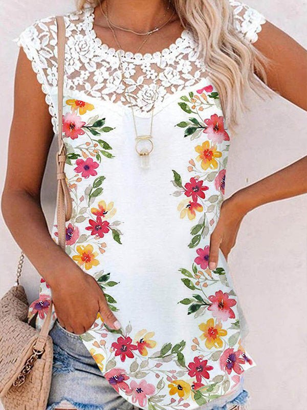 Women's Tank Tops Floral Print Crew Neck Lace Tank Top