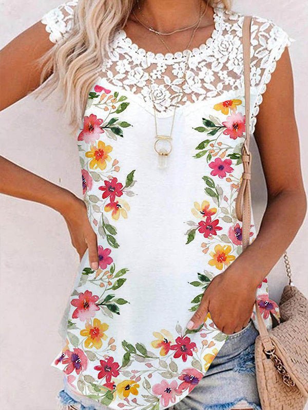 Women's Tank Tops Floral Print Crew Neck Lace Tank Top