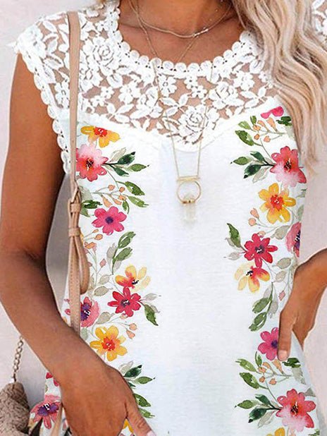 Women's Tank Tops Floral Print Crew Neck Lace Tank Top