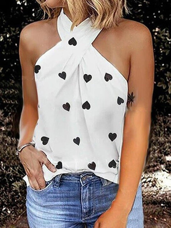 Women's Tank Tops Heart Print Halter Off Shoulder Sleeveless Tank Top