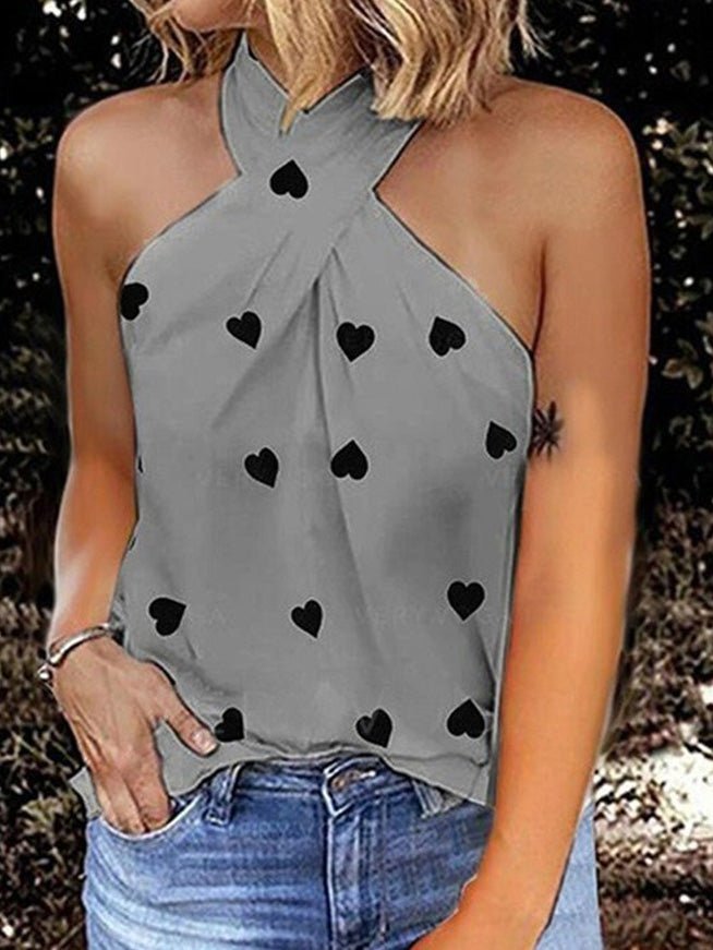 Women's Tank Tops Heart Print Halter Off Shoulder Sleeveless Tank Top