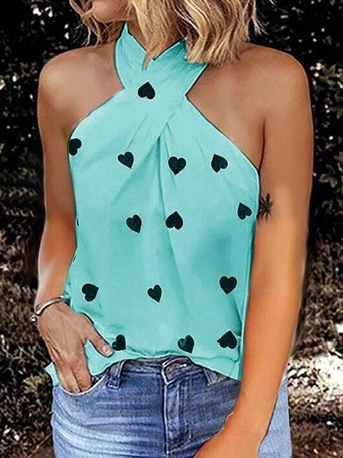 Women's Tank Tops Heart Print Halter Off Shoulder Sleeveless Tank Top