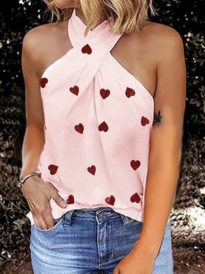 Women's Tank Tops Heart Print Halter Off Shoulder Sleeveless Tank Top