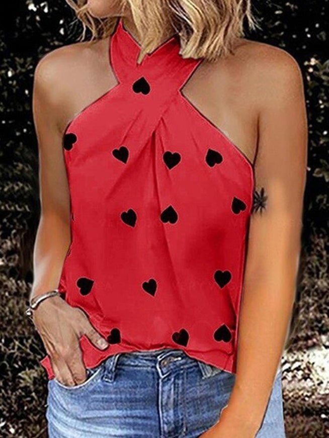 Women's Tank Tops Heart Print Halter Off Shoulder Sleeveless Tank Top