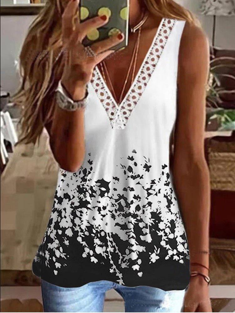 Women's Tank Tops Lace V-Neck Print Sleeveless Tank Top