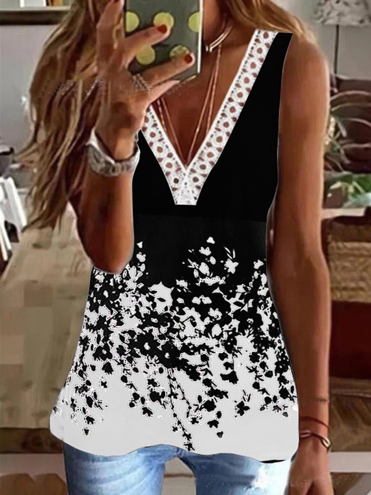 Women's Tank Tops Lace V-Neck Print Sleeveless Tank Top