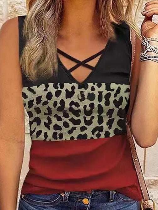 Women's Tank Tops Leopard Panel V-Neck Sleeveless Tank Top