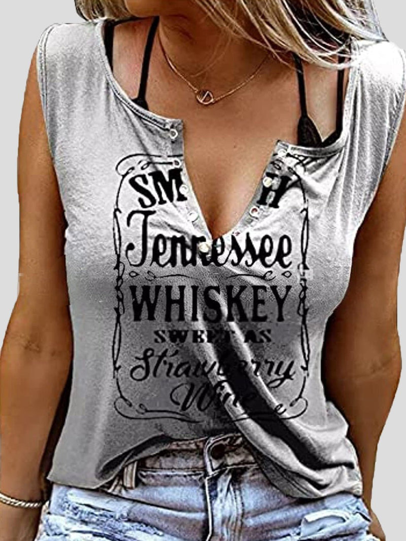 Women's Tank Tops Letter Print V-Neck Button Sleeveless Tank Top