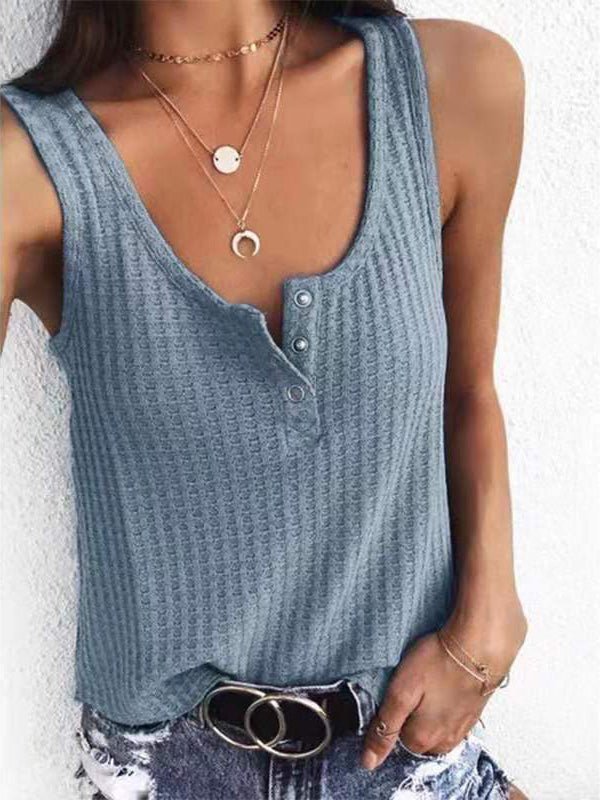 Women's Tank Tops Solid U-Neck Snap Button Sleeveless Tank Top