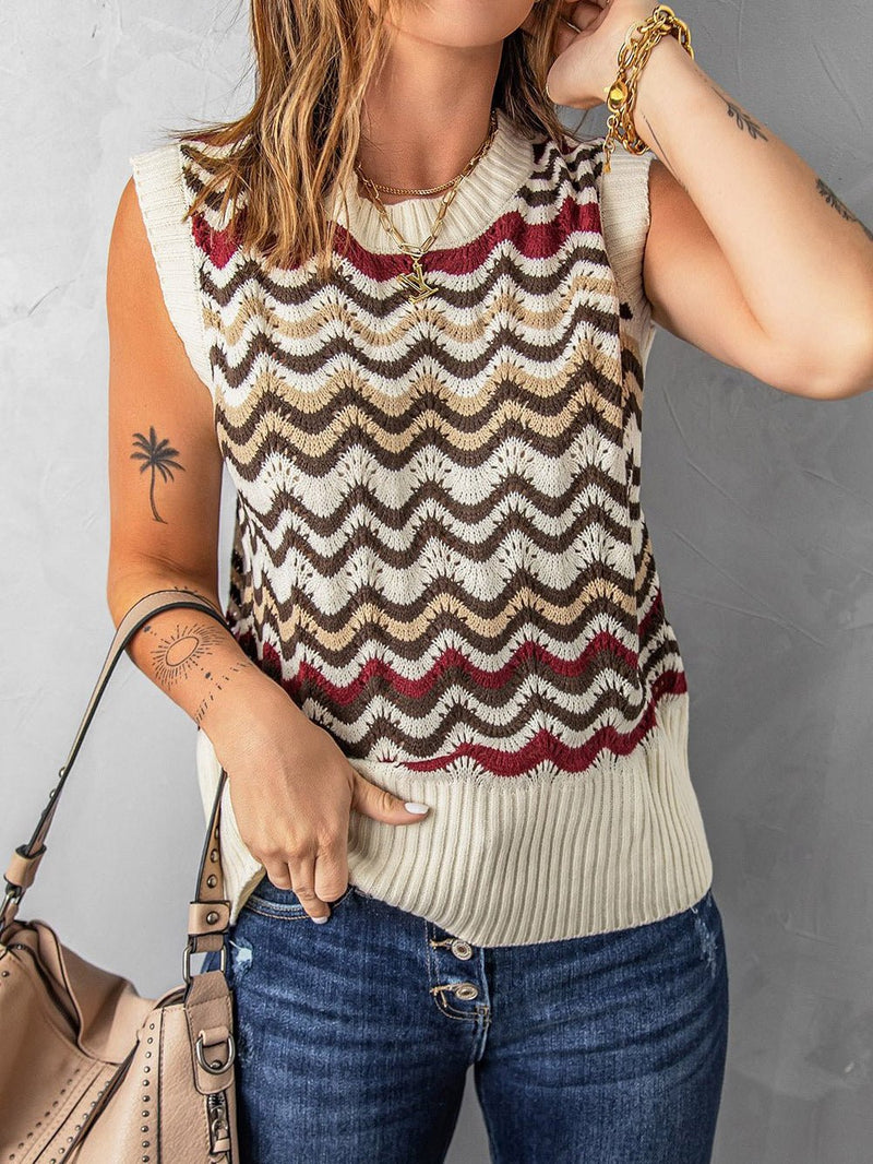 Women's Tank Tops Wavy Stripe Crewneck Knit Tank Top