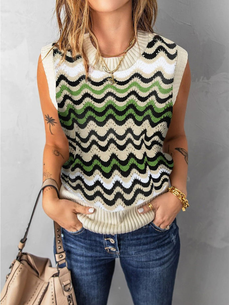 Women's Tank Tops Wavy Stripe Crewneck Knit Tank Top