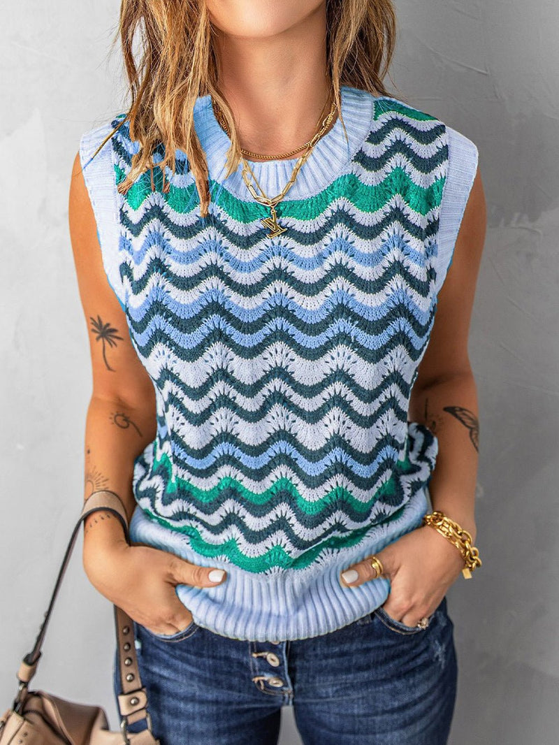 Women's Tank Tops Wavy Stripe Crewneck Knit Tank Top