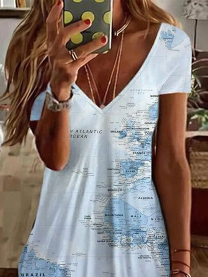 Women's Dresses Map Print V-Neck Short Sleeve Dress