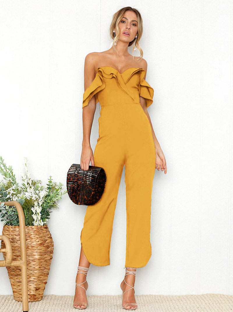 Black Sleeveless Plain Casual Off Shoulder Zip Back Jumpsuit - Landing Closet