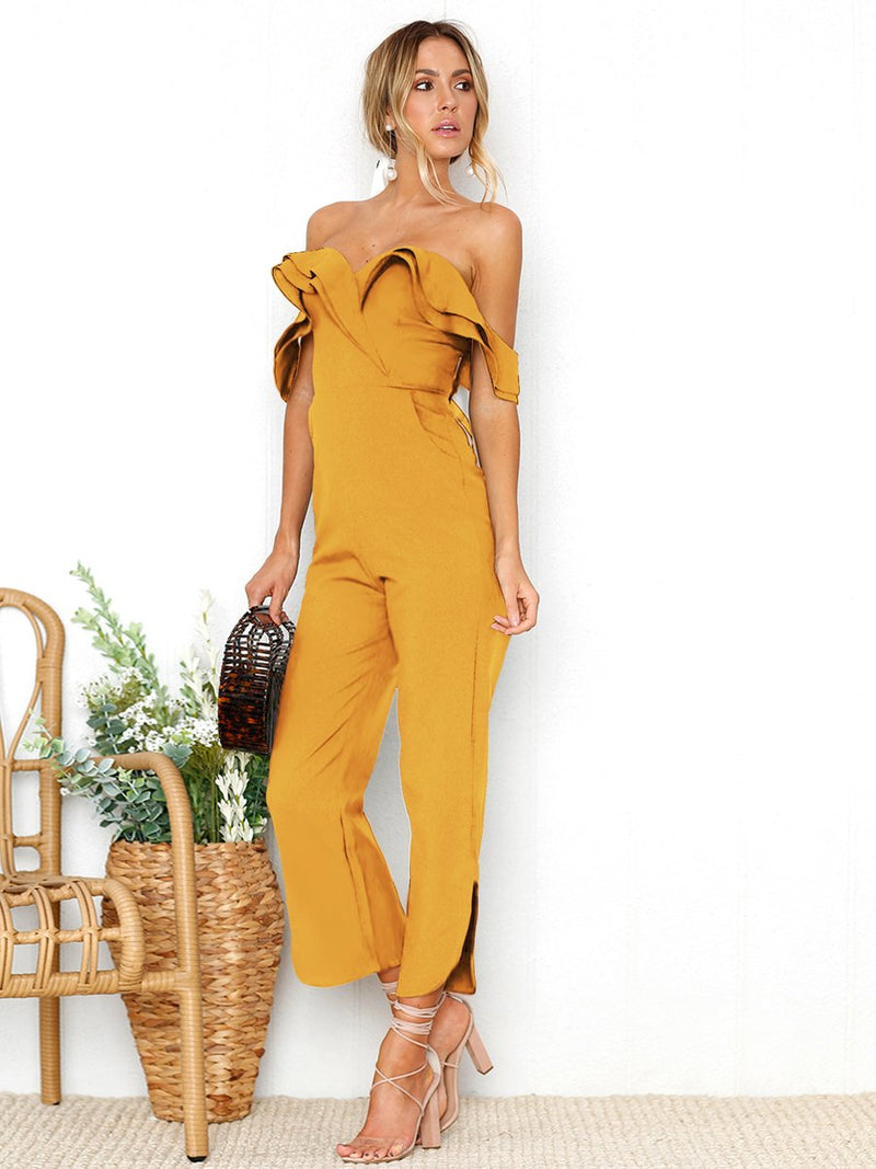 Black Sleeveless Plain Casual Off Shoulder Zip Back Jumpsuit - Landing Closet