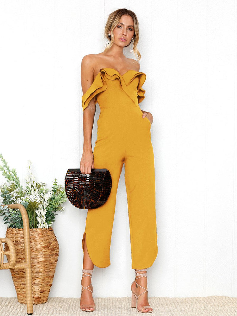 Black Sleeveless Plain Casual Off Shoulder Zip Back Jumpsuit - Landing Closet