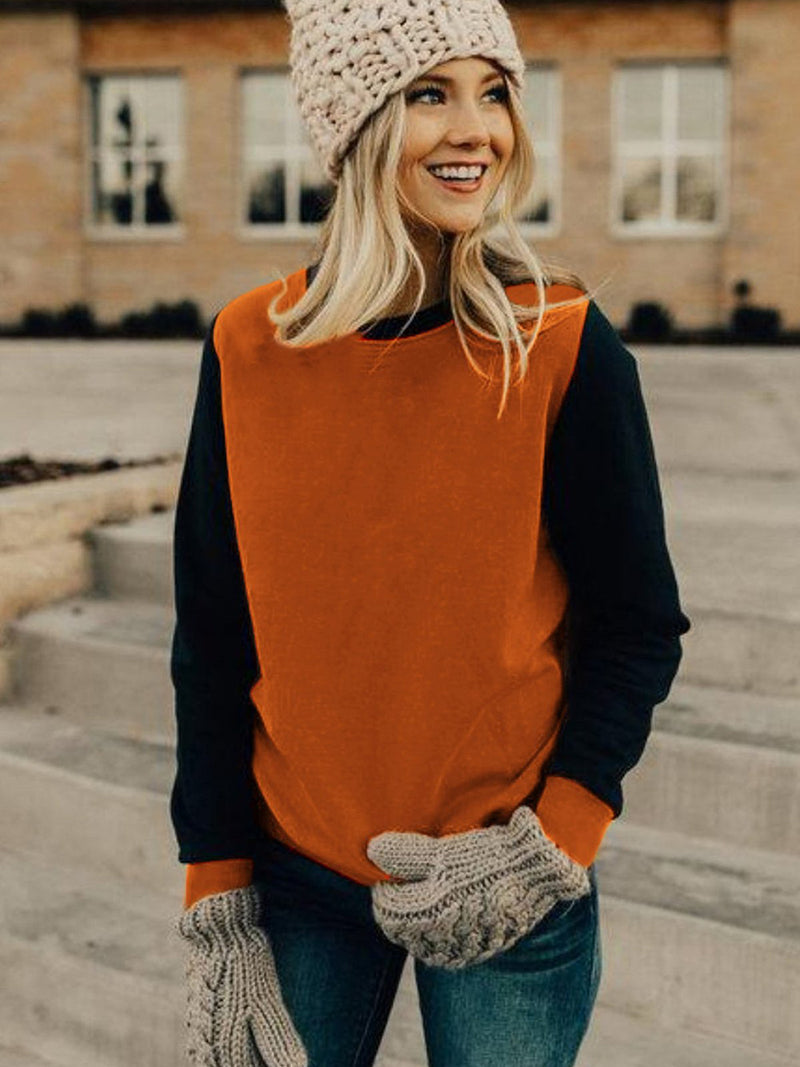 Orange Long Sleeve Round Neck Stitching Top