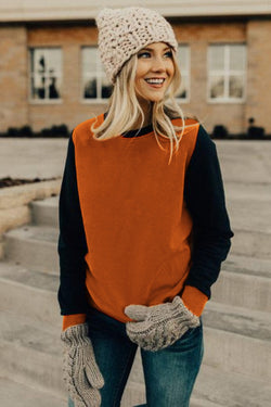 Orange Long Sleeve Round Neck Stitching Top