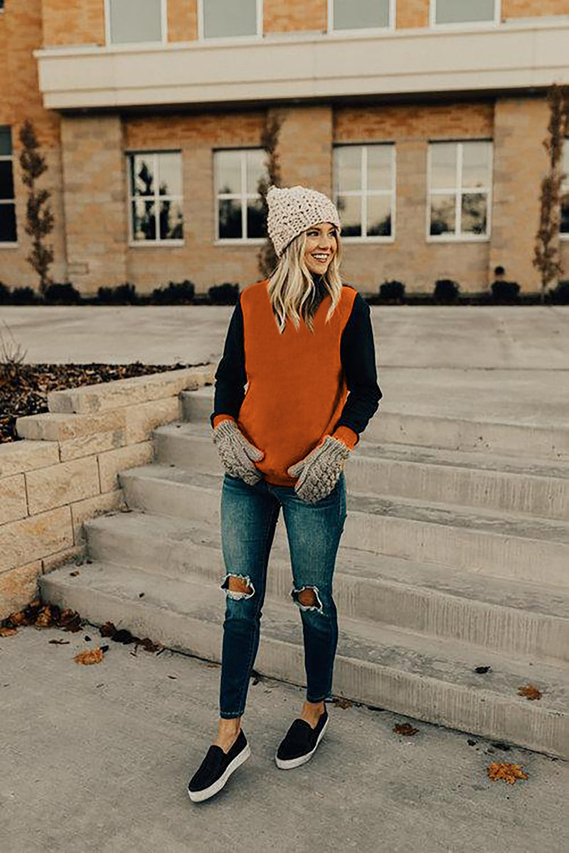 Orange Long Sleeve Round Neck Stitching Top