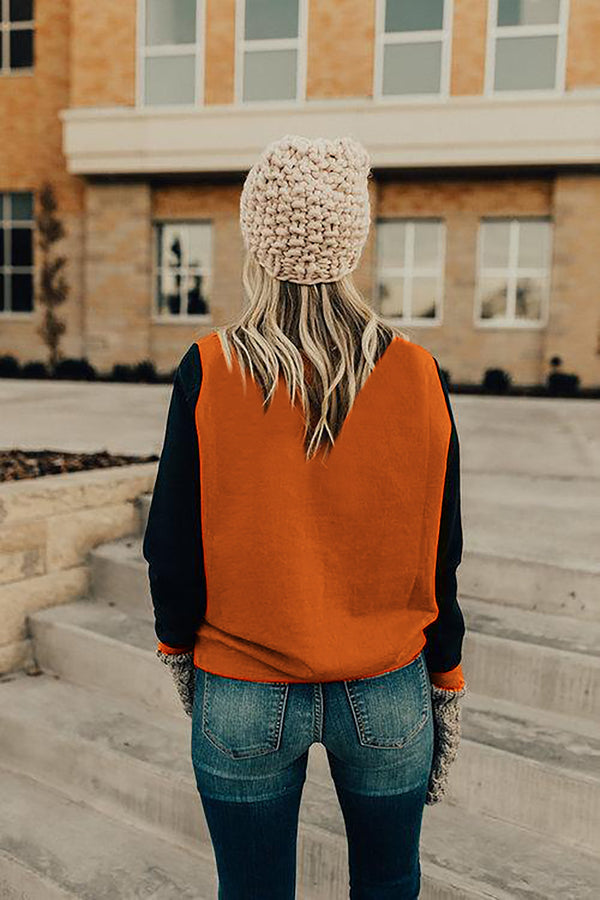 Orange Long Sleeve Round Neck Stitching Top