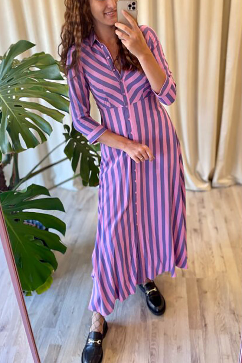 Stripe Long Sleeve Button Maxi Shirt Dress