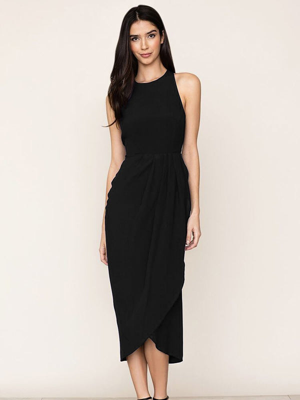 Black So Social Round Neck Sleeveless Irregular Hem Midi Dress - Landing Closet